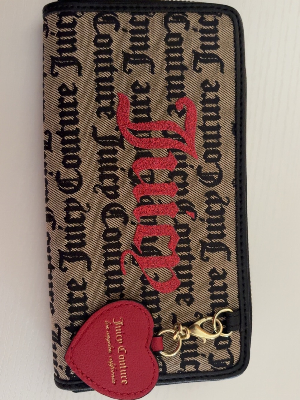 Juicy Couture Tan & Black Logo Zip Wallet with Red Heart Charm